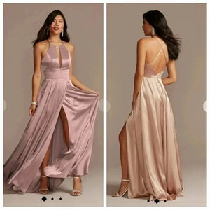 NWT Davids Bridal Galina Signature Charmeuse Keyhole Crisscross Back Quartz